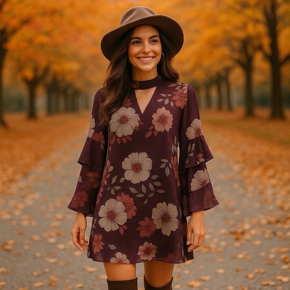 Floral Dress Women Small Purple Sheer Ruffle Romantic Casual Layering Boho